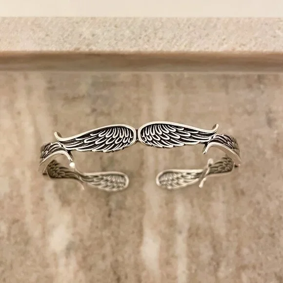 925 Sterling Silver Wings Cuff Bracelet Silver Vintage Bangle Bracelet - Picture 2 of 6